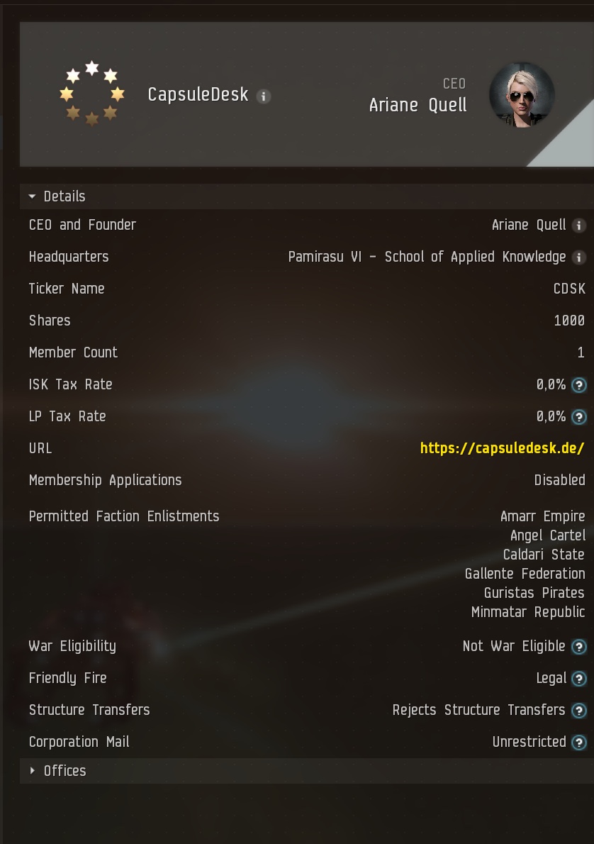 CapsuleDesk's corporation window: ISK tax rate 0.0 percent and status “Not War Eligible”.