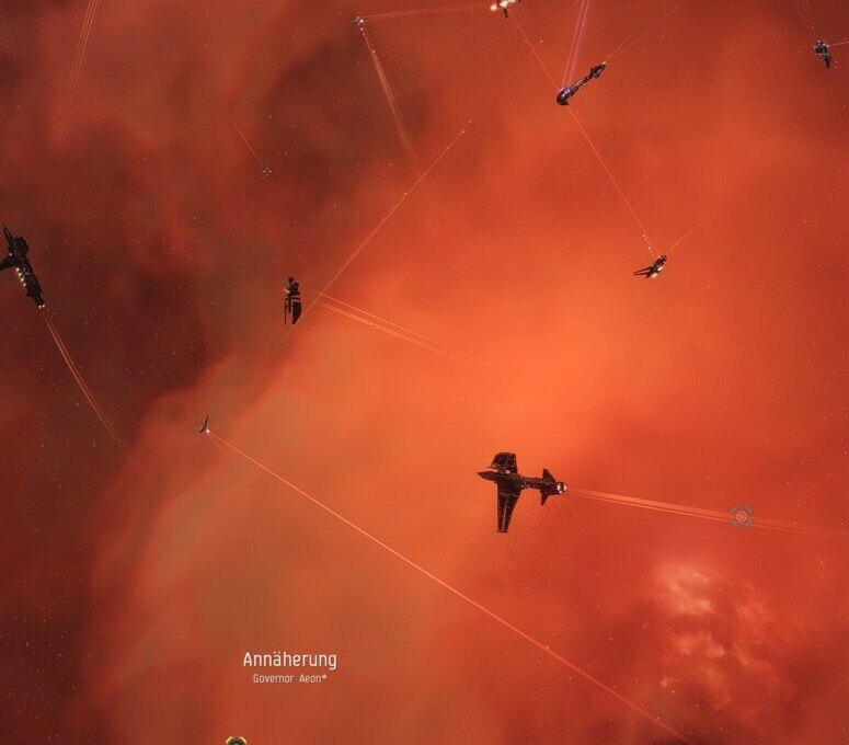 Eine größere Raumschlacht im Verlauf der Minmatar-Epic-Arc-Mission, mehrere Fregatten im Feuergefecht.