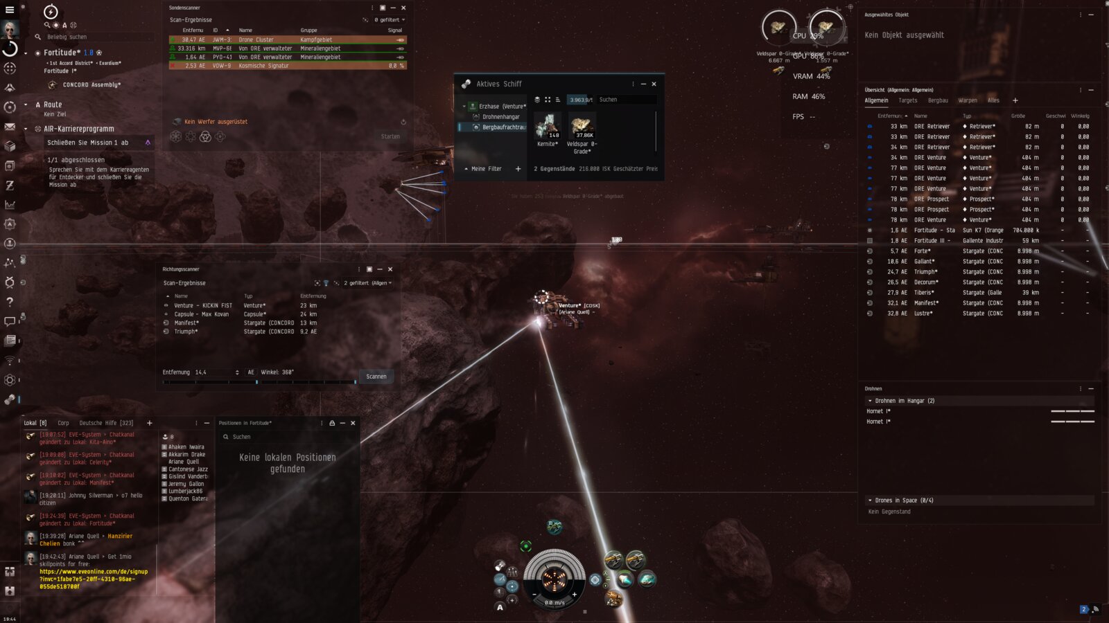 Venture-Bergbau-Fregatte mit zwei aktiven Mining-Lasern auf einem Asteroiden im roten Nebel.