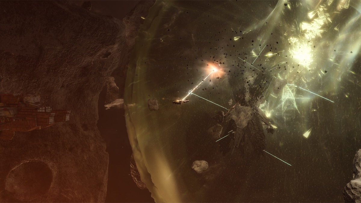 Venture mit Miningstrahlen in einer dramatischen Felskulisse der Epic Arc