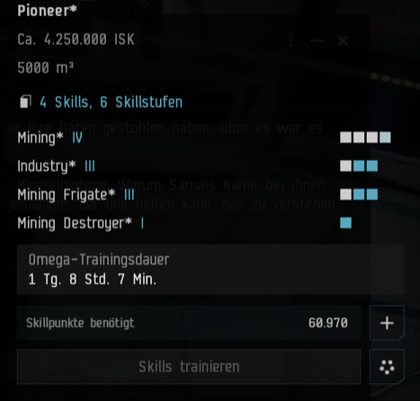 Skill-Queue mit einem Pioneer-Skill, Wartezeit über einen Tag
