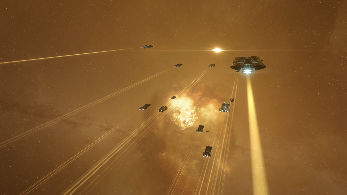 Mehrere Schiffe im Fleet-Warp, gestaffelt mit Warpantriebseffekten