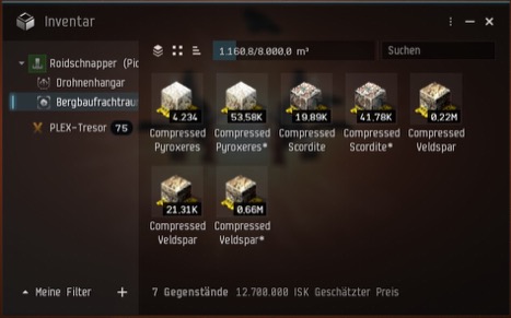 Inventarfenster des Mining Hold: sieben Stacks Compressed Ore, 1.160 von 8.000 m³ belegt, 12,7 Mio. ISK Schätzwert