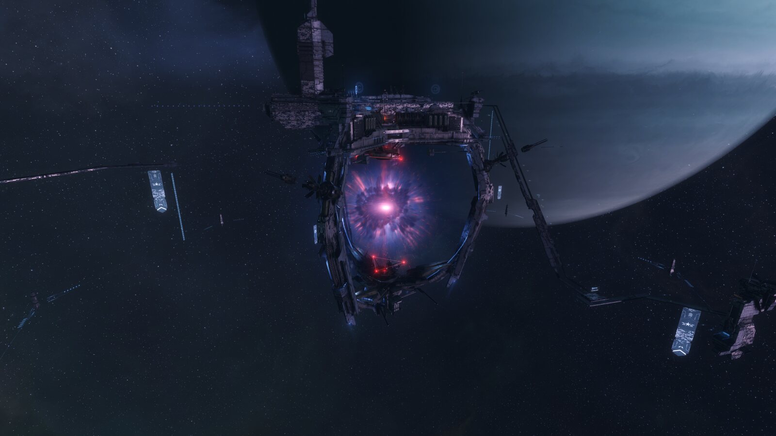 Eine Fregatte verschwindet im Lichtkegel eines Shipcasters am Rand von Exordium.