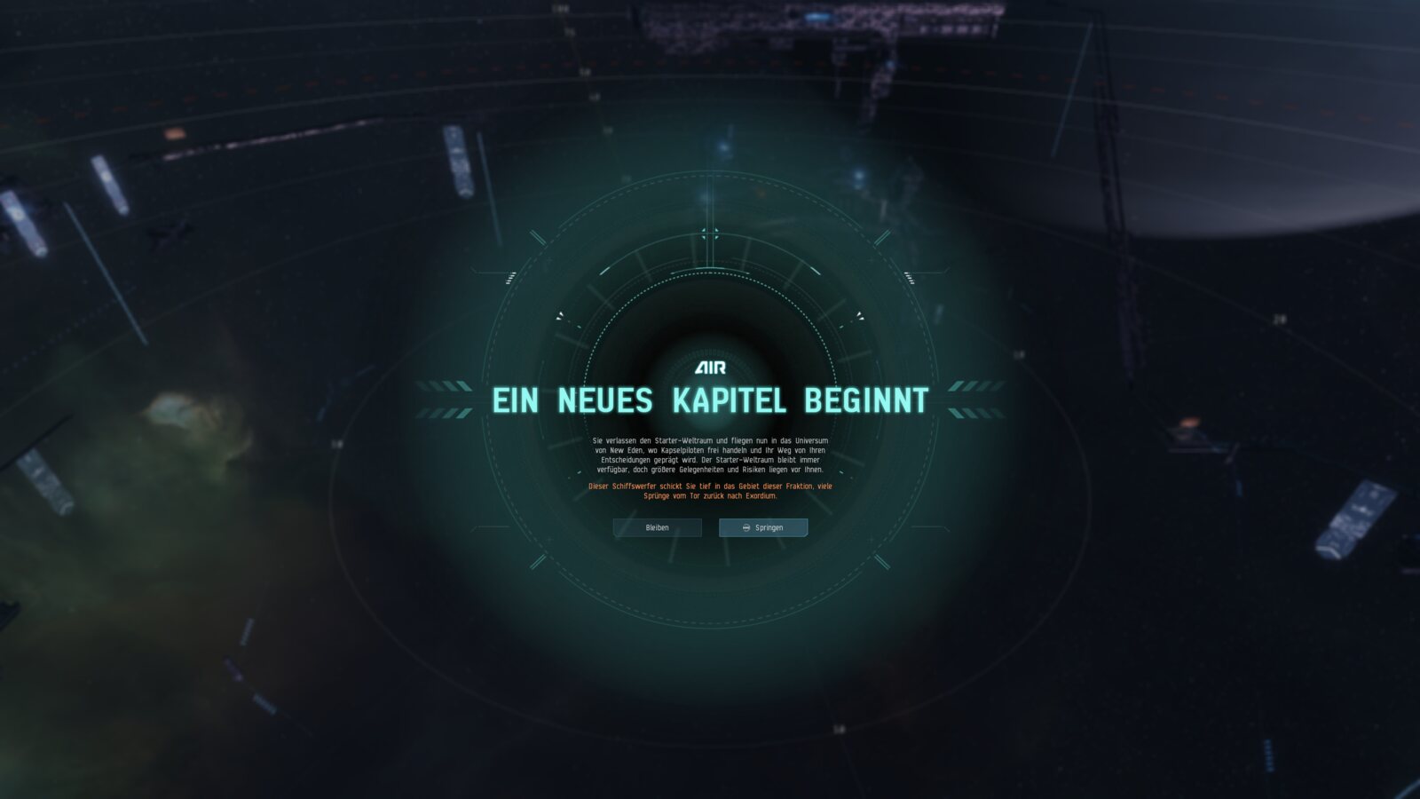 Bildschirmeinblendung: Ein neues Kapitel beginnt, nach dem Sprung in den Highsec.