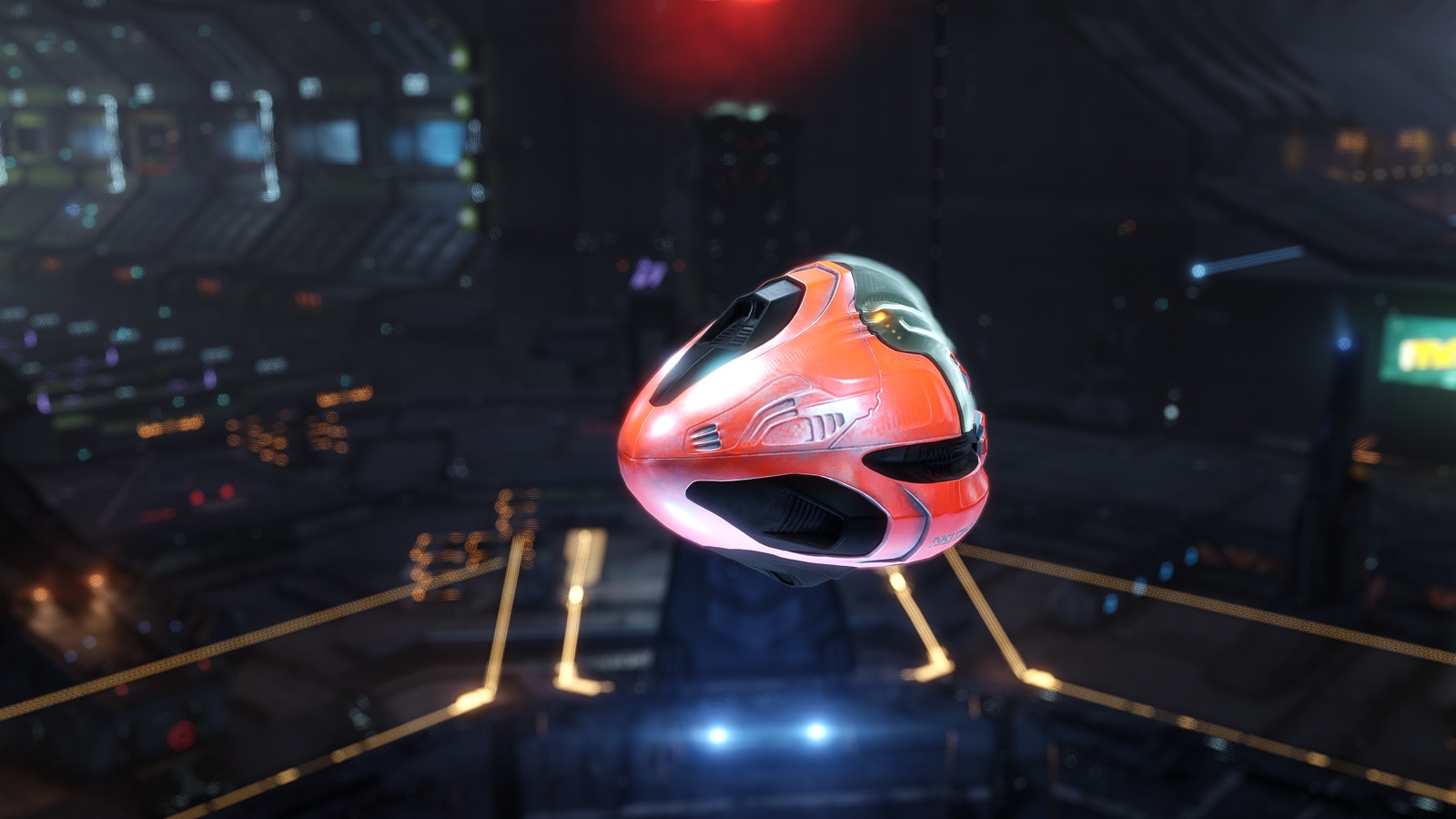 Eine Kapsel schwebt über einer Andockplattform im Hangar einer Station.